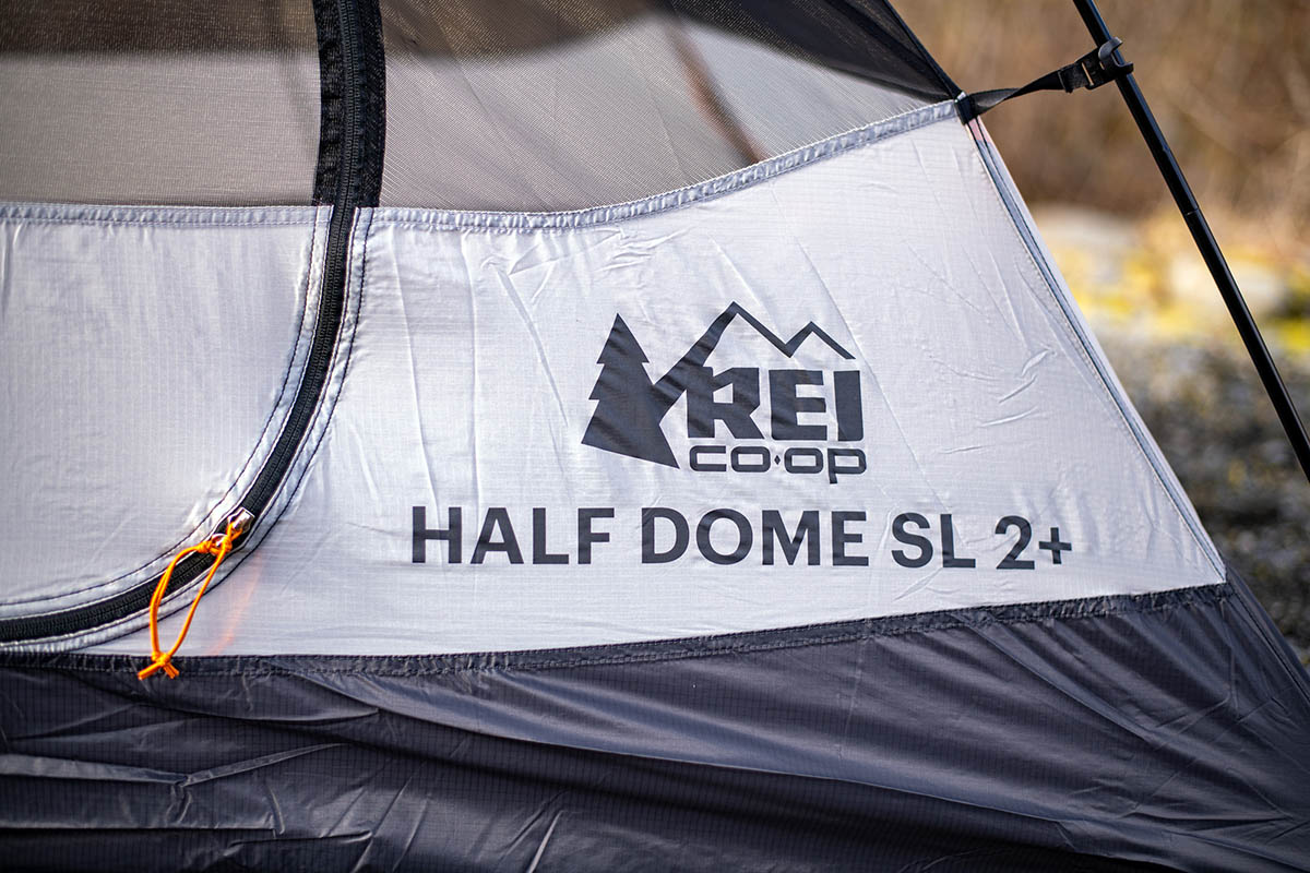 REI Co-op Half Dome SL 2 Plus tent (closeup of logo and name)